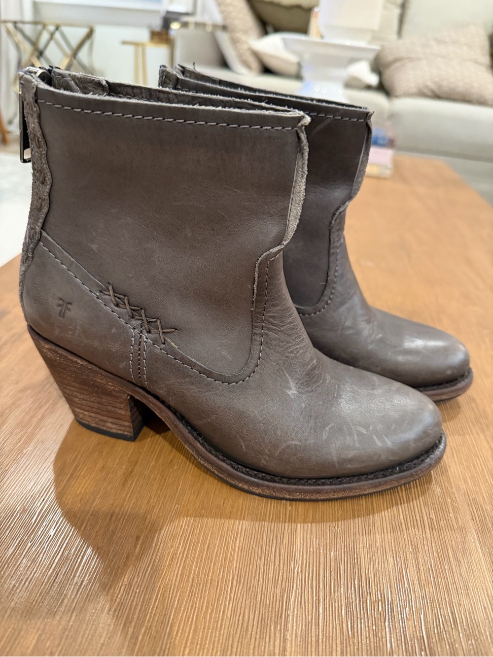 Frye Weathered Brown Leather Stacked-Heel Ankle Booties